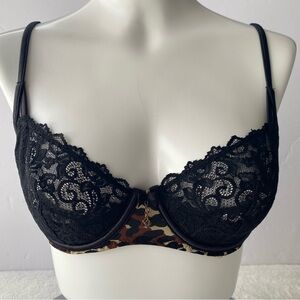 Betsey Johnson Leopard Print Bra with Lace Detail & Heart Charms Size 34C Y2K
